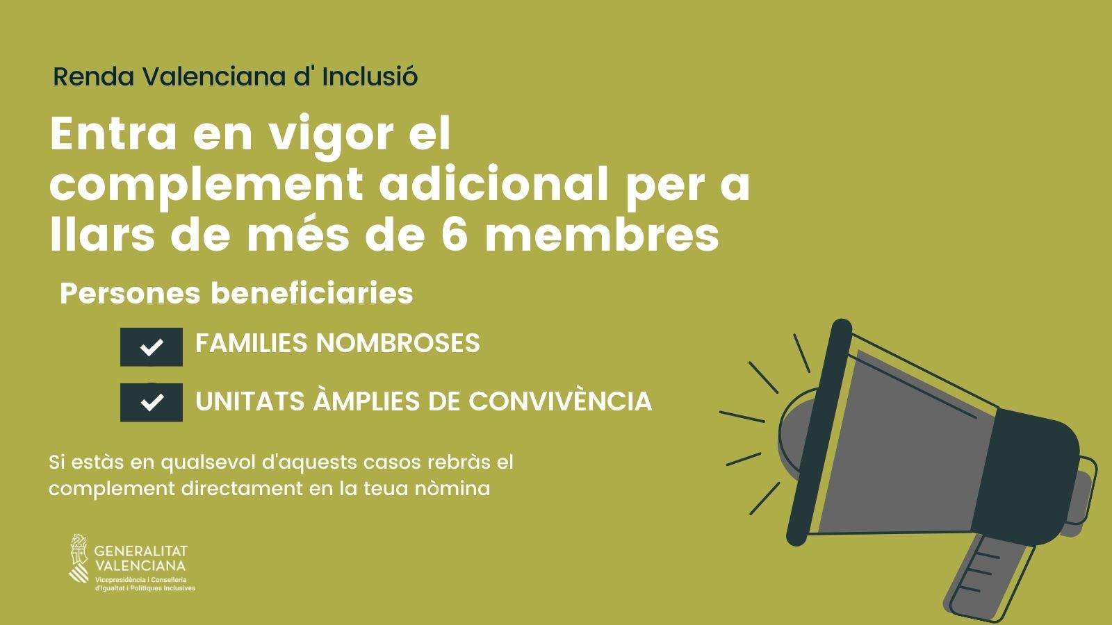Entra en vigor el complement addicional de la renda valenciana d'inclusió per a les llars de més de sis membres
