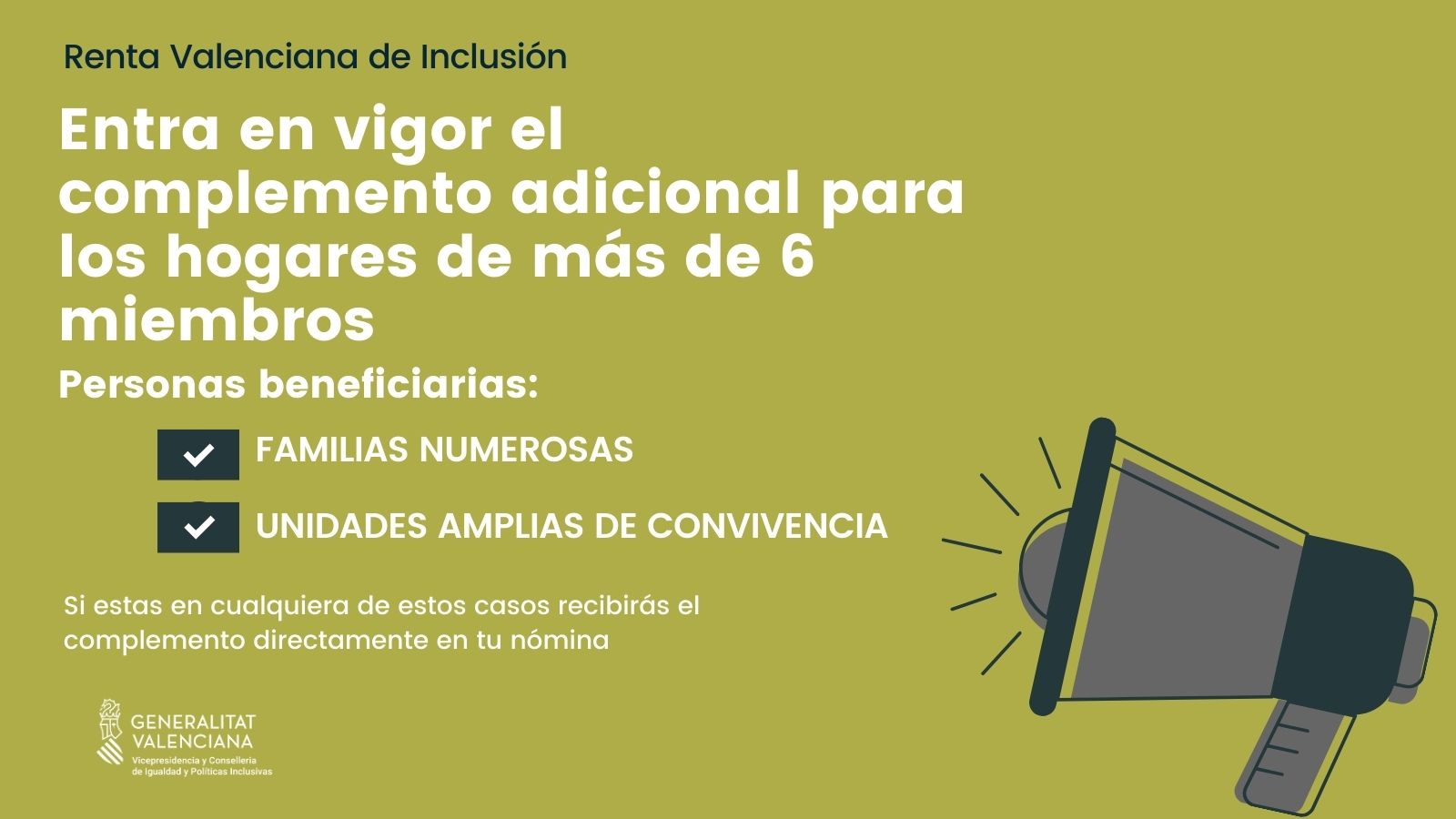 Entra en vigor el complemento adicional de la renta valenciana de inclusión para los hogares de más de seis miembros